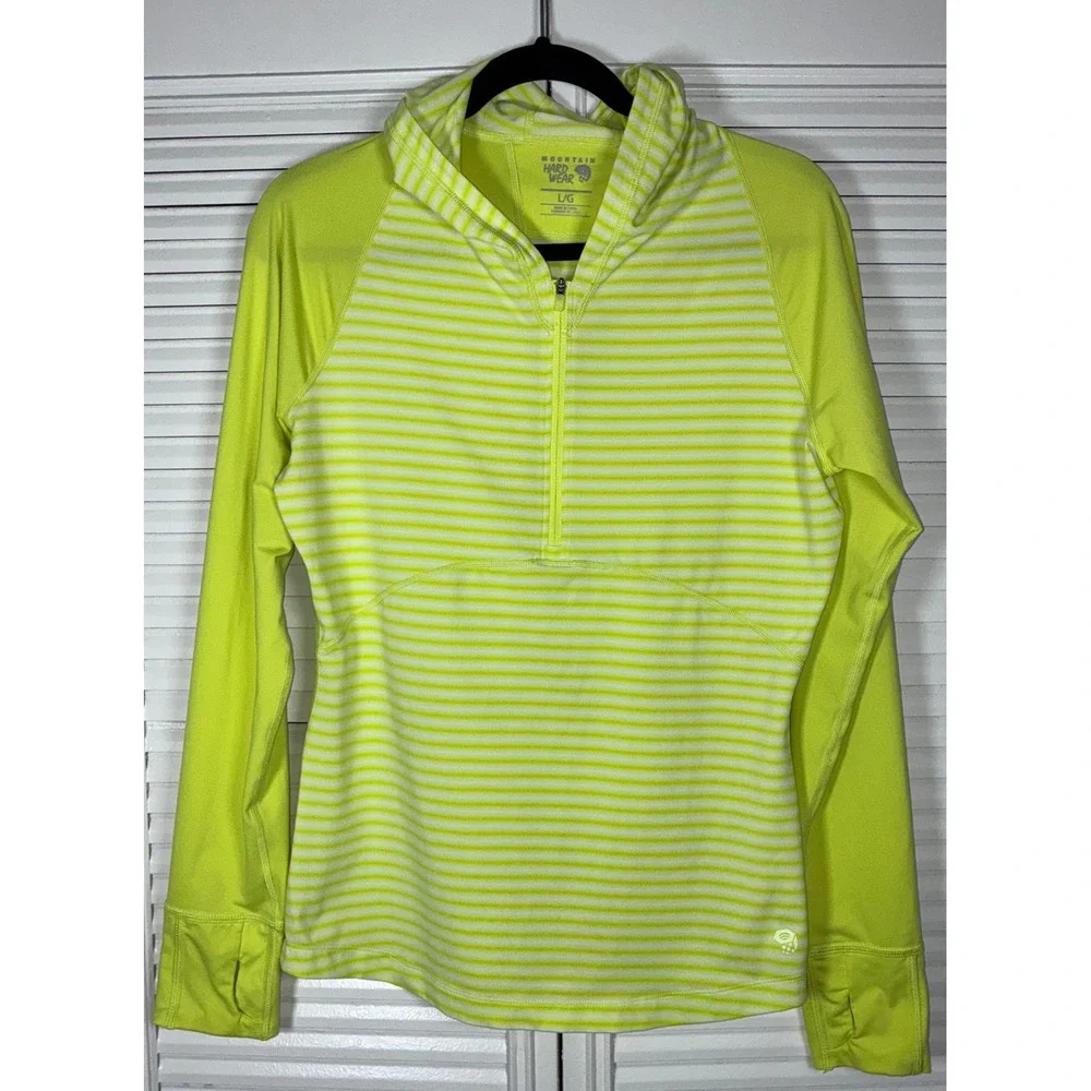 Mountain Hardwear Womens Neon Striped 1/4 Zip Hooded Pullover Size L/G FLAW - Picture 1 of 7